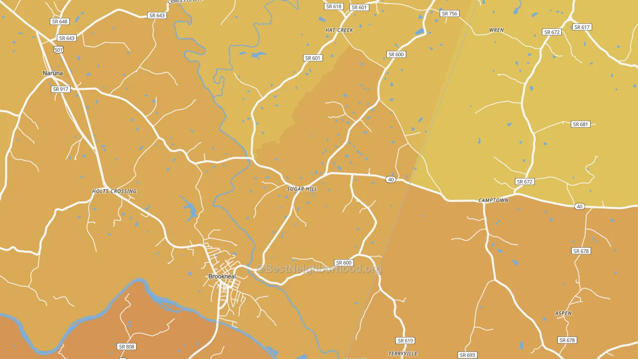Map of the best neighborhoods in the 24528 area, with better matches in green and worse matches in red