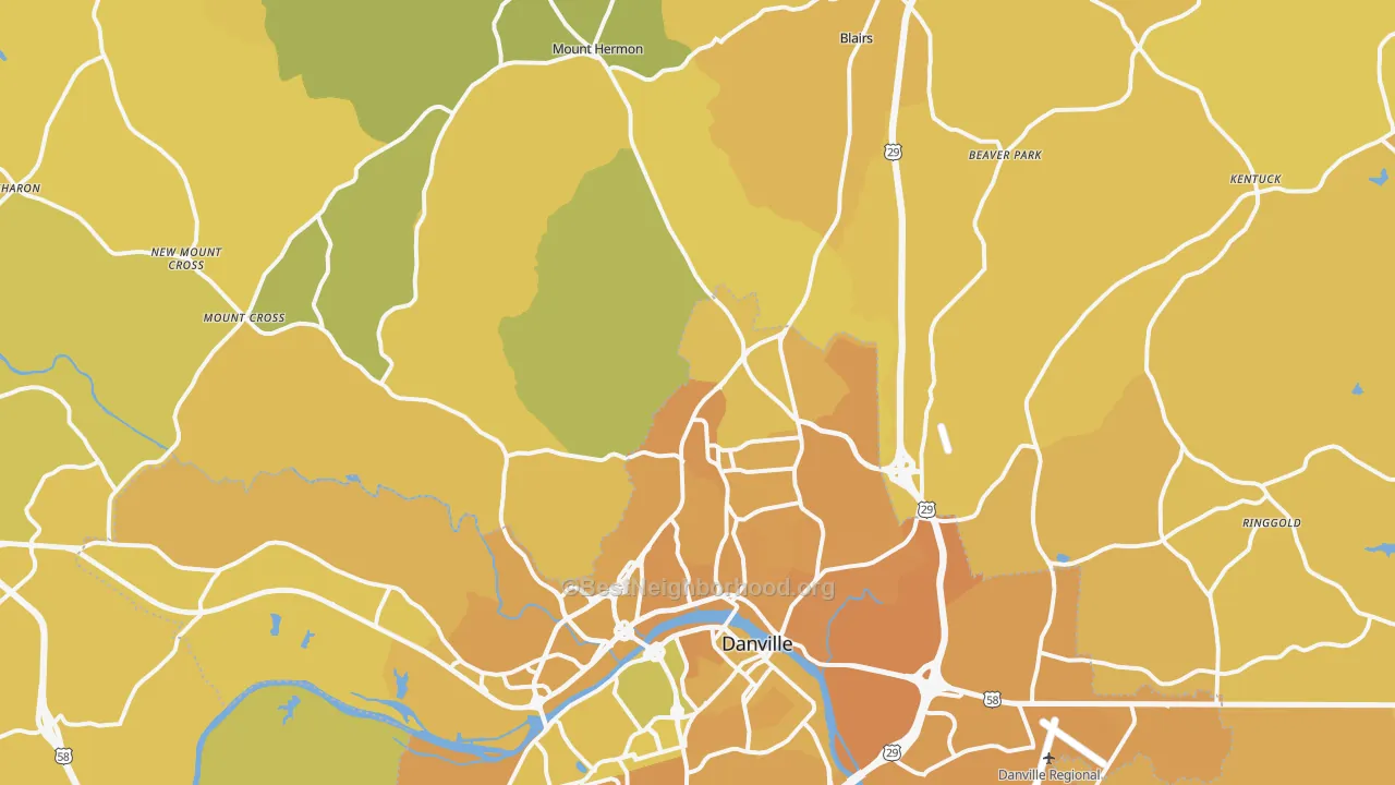 Map of the best neighborhoods in the 24540 area, with better matches in green and worse matches in red