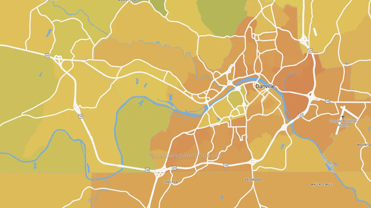 Map of the best neighborhoods in the 24541 area, with better matches in green and worse matches in red