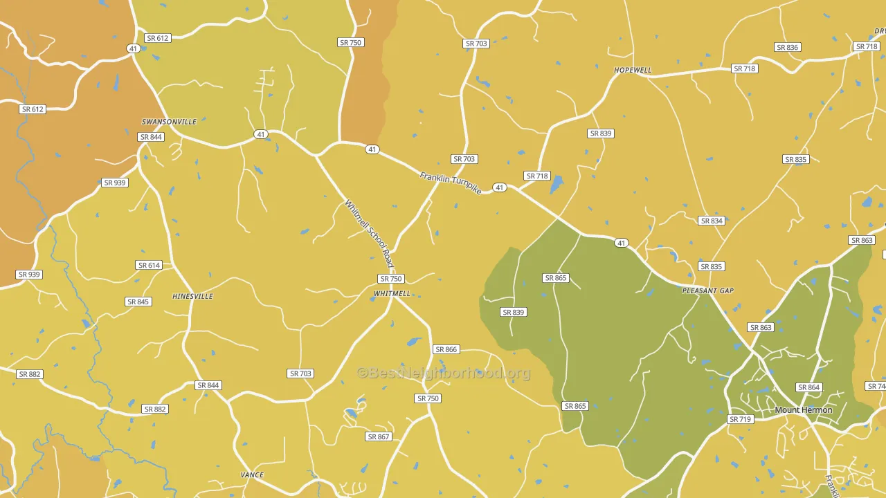Map of the best neighborhoods in the 24549 area, with better matches in green and worse matches in red