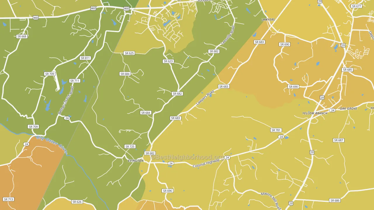 Map of the best neighborhoods in the 24550 area, with better matches in green and worse matches in red