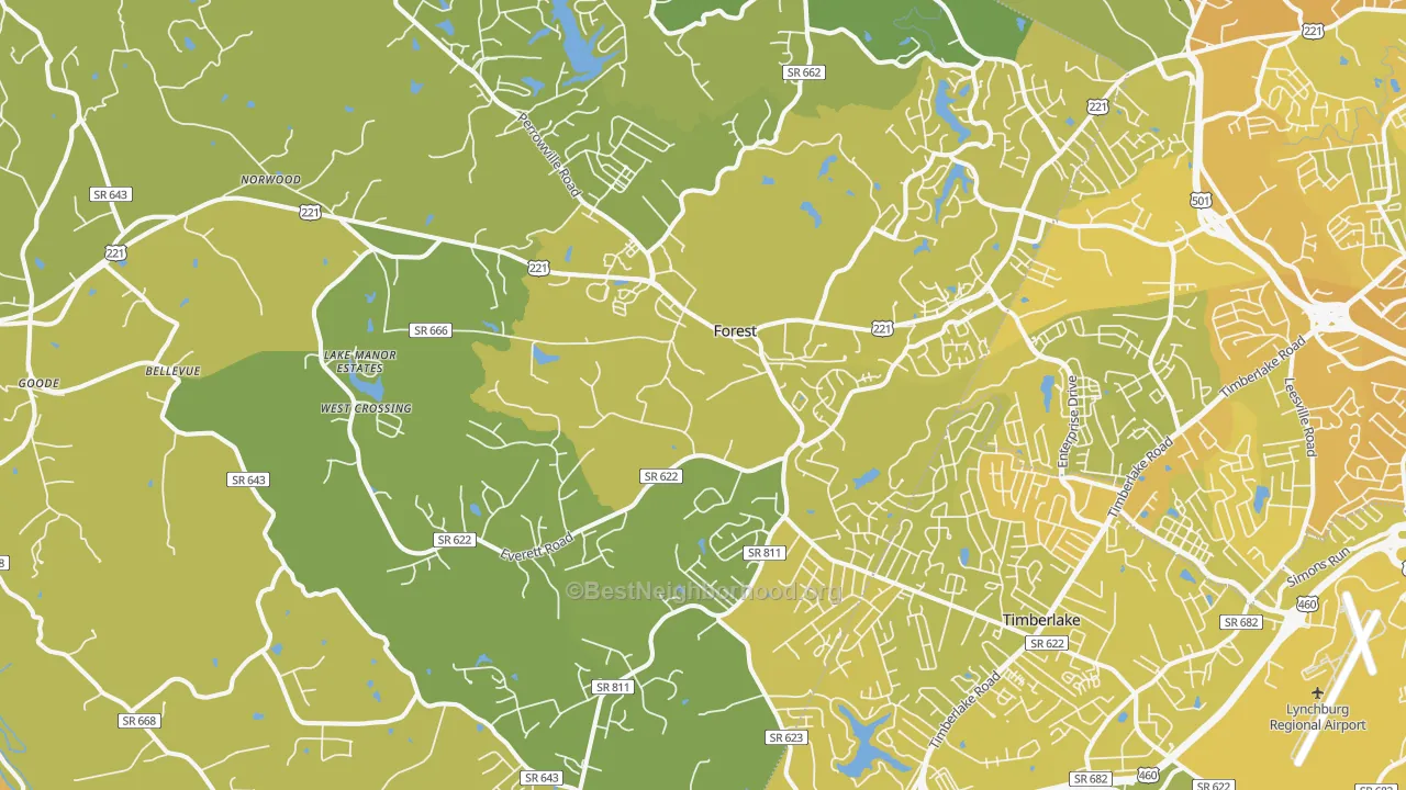 Map of the best neighborhoods in the 24551 area, with better matches in green and worse matches in red