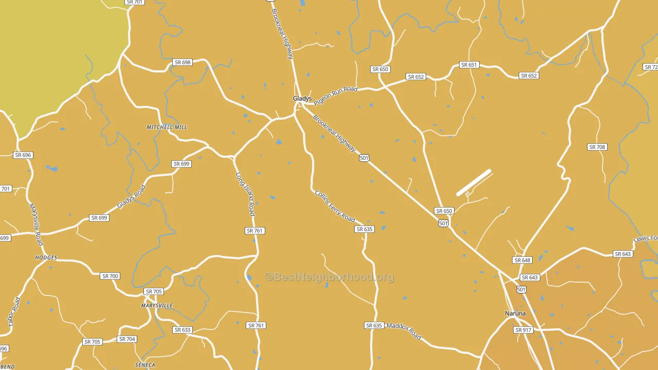 Map of the best neighborhoods in the 24554 area, with better matches in green and worse matches in red