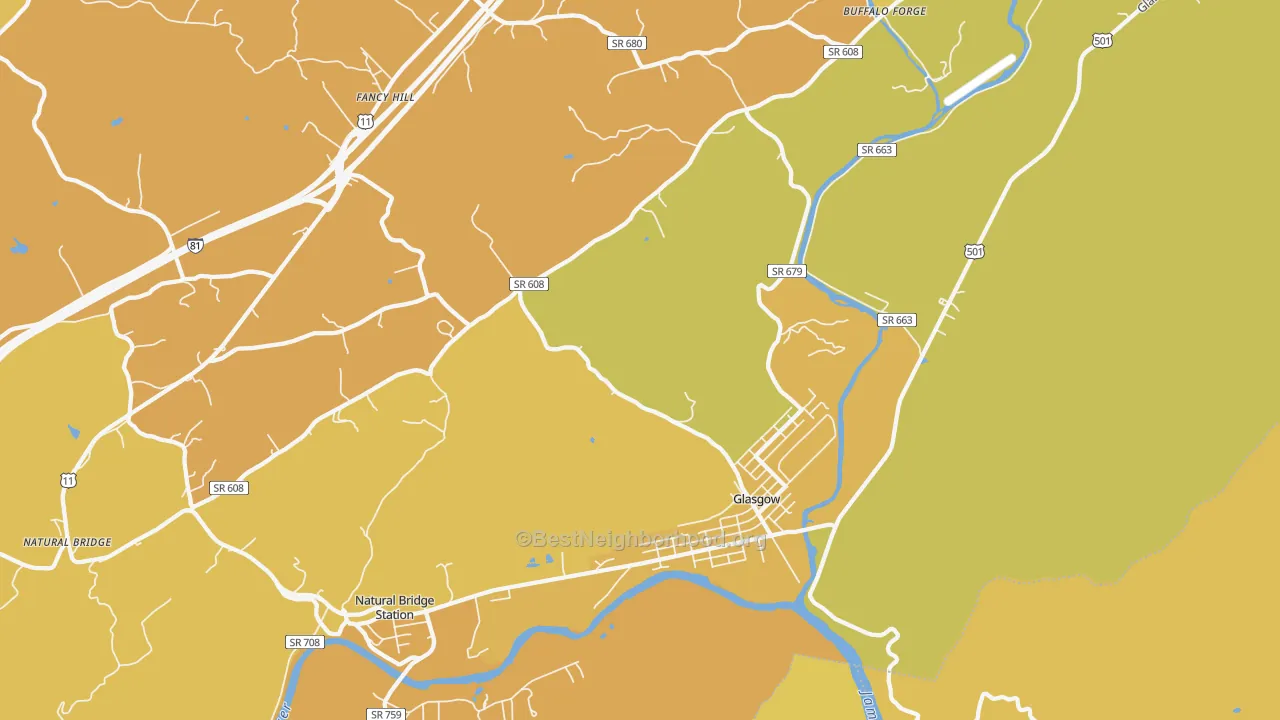 Map of the best neighborhoods in the 24555 area, with better matches in green and worse matches in red
