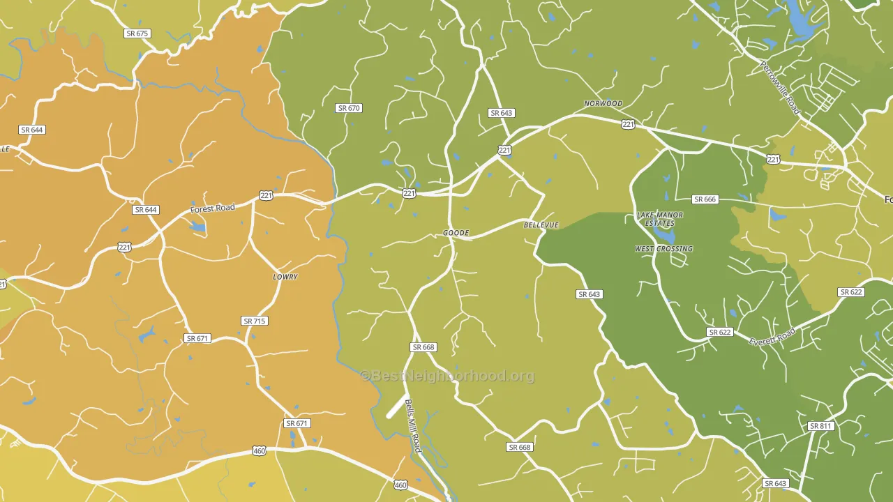 Map of the best neighborhoods in the 24556 area, with better matches in green and worse matches in red