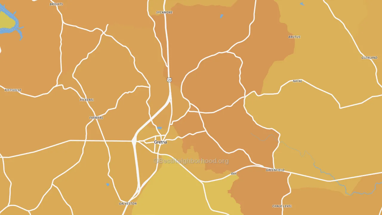 Map of the best neighborhoods in the 24557 area, with better matches in green and worse matches in red