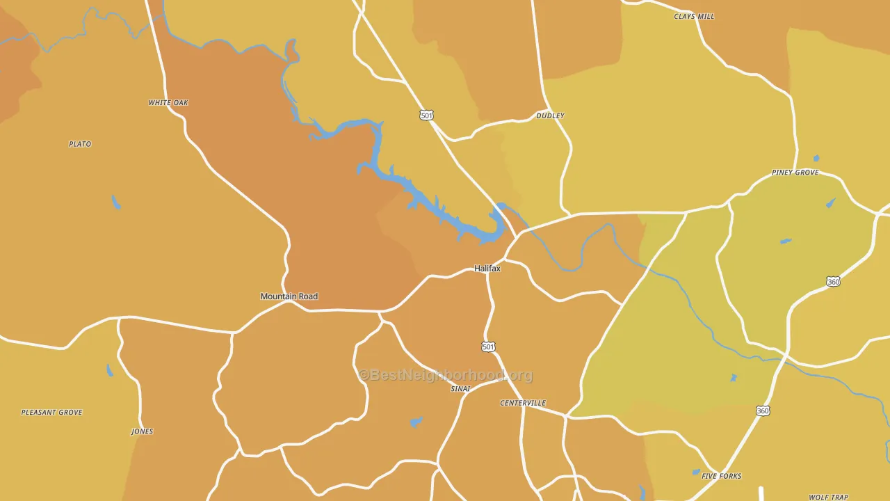 Map of the best neighborhoods in the 24558 area, with better matches in green and worse matches in red