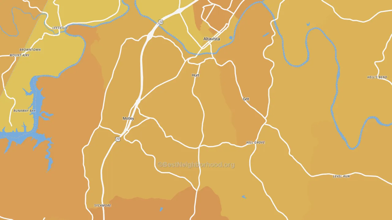 Map of the best neighborhoods in the 24563 area, with better matches in green and worse matches in red