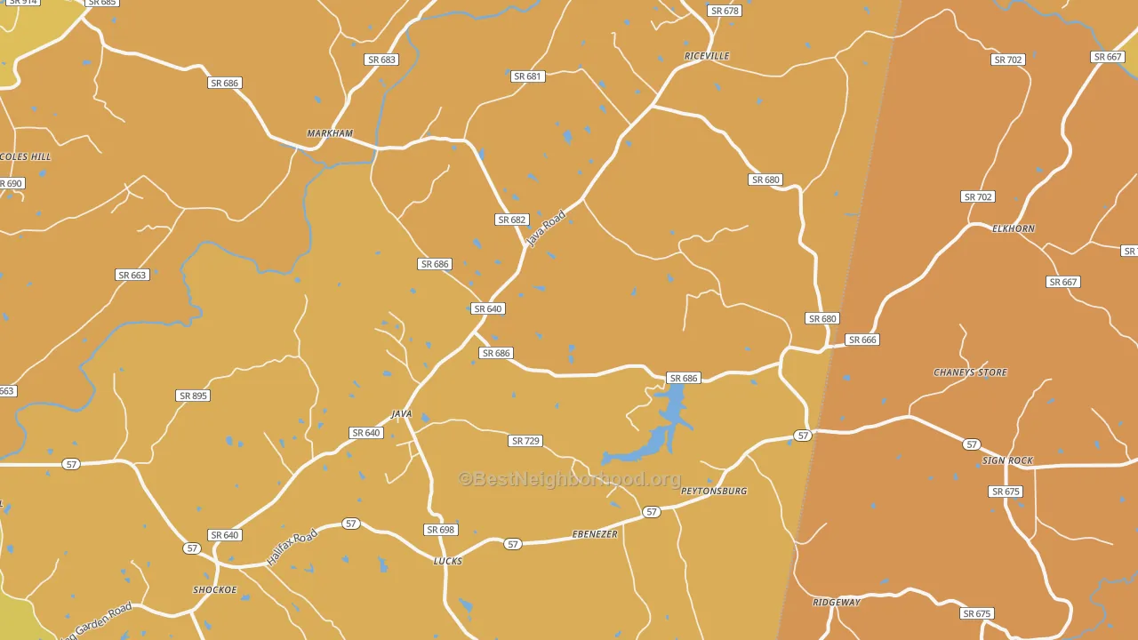 Map of the best neighborhoods in the 24565 area, with better matches in green and worse matches in red