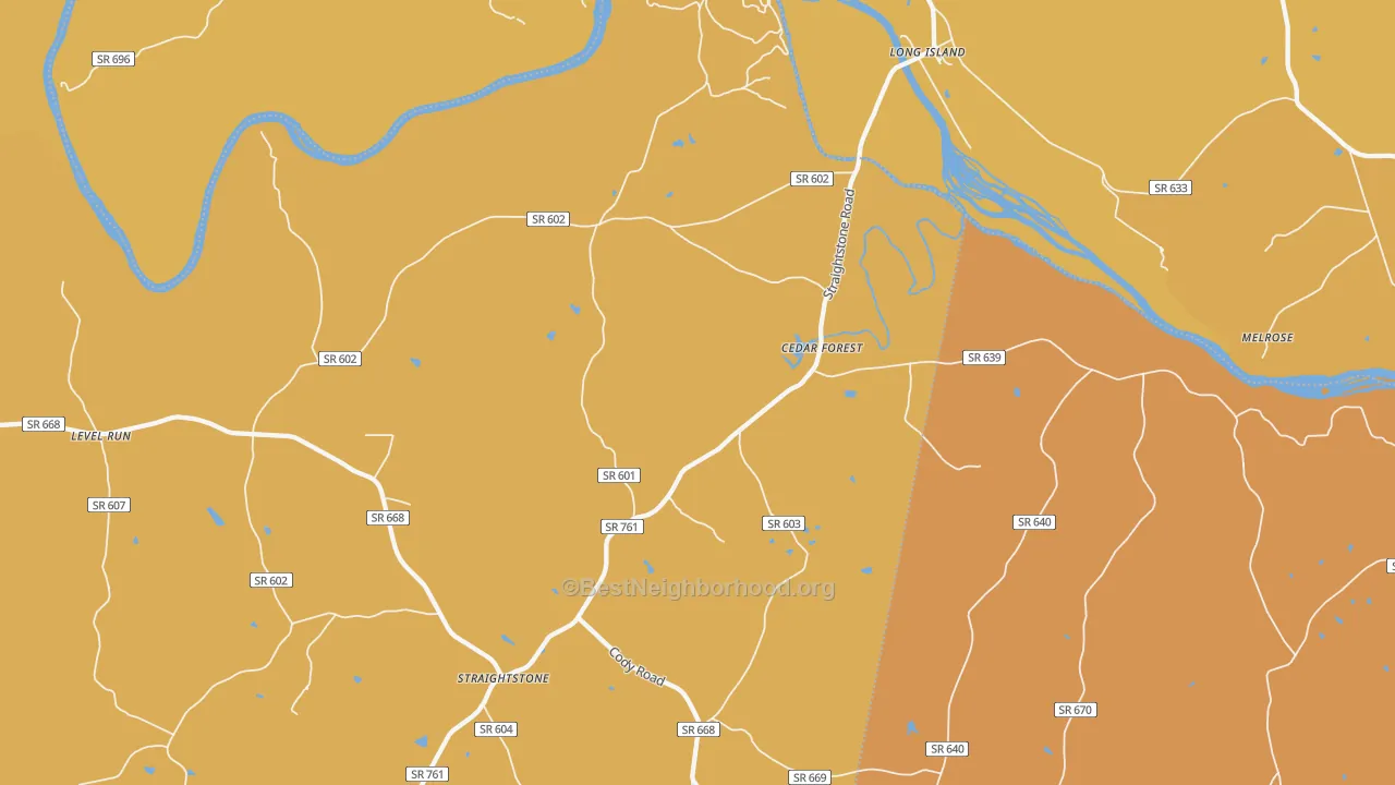 Map of the best neighborhoods in the 24569 area, with better matches in green and worse matches in red