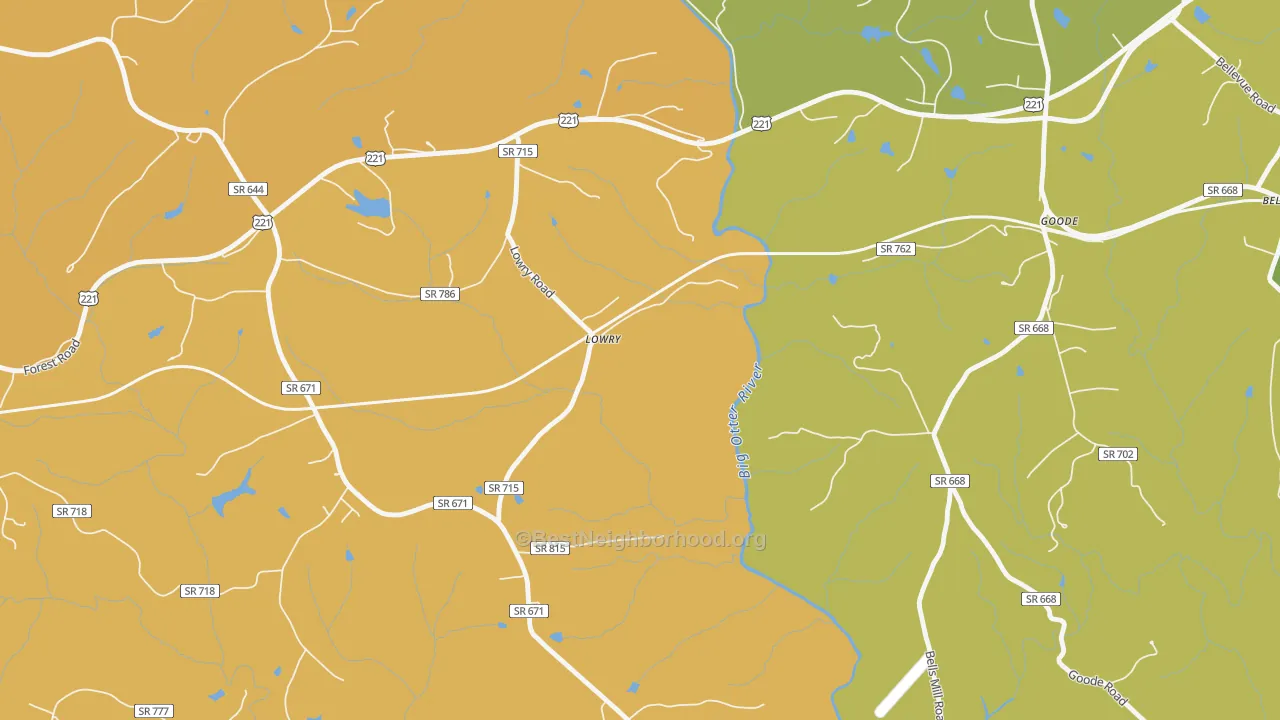 Map of the best neighborhoods in the 24570 area, with better matches in green and worse matches in red