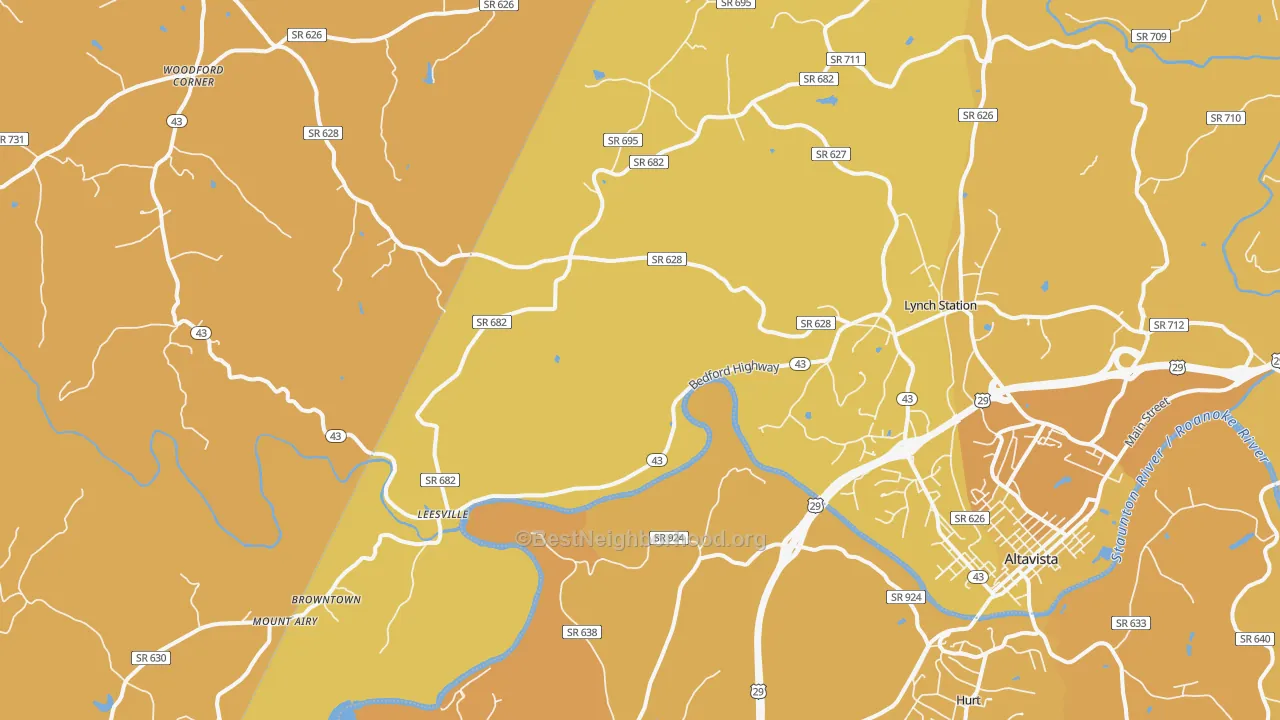 Map of the best neighborhoods in the 24571 area, with better matches in green and worse matches in red