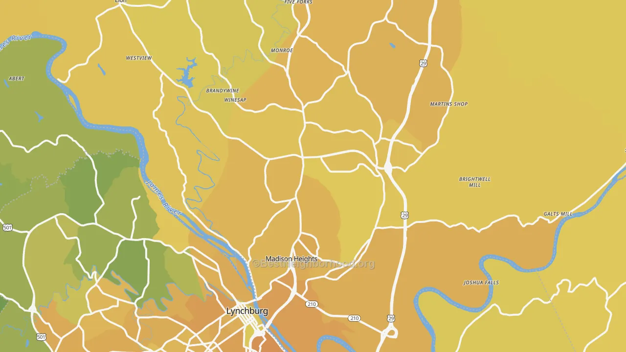 Map of the best neighborhoods in the 24572 area, with better matches in green and worse matches in red