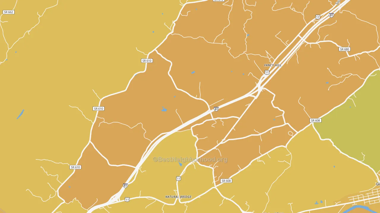 Map of the best neighborhoods in the 24578 area, with better matches in green and worse matches in red