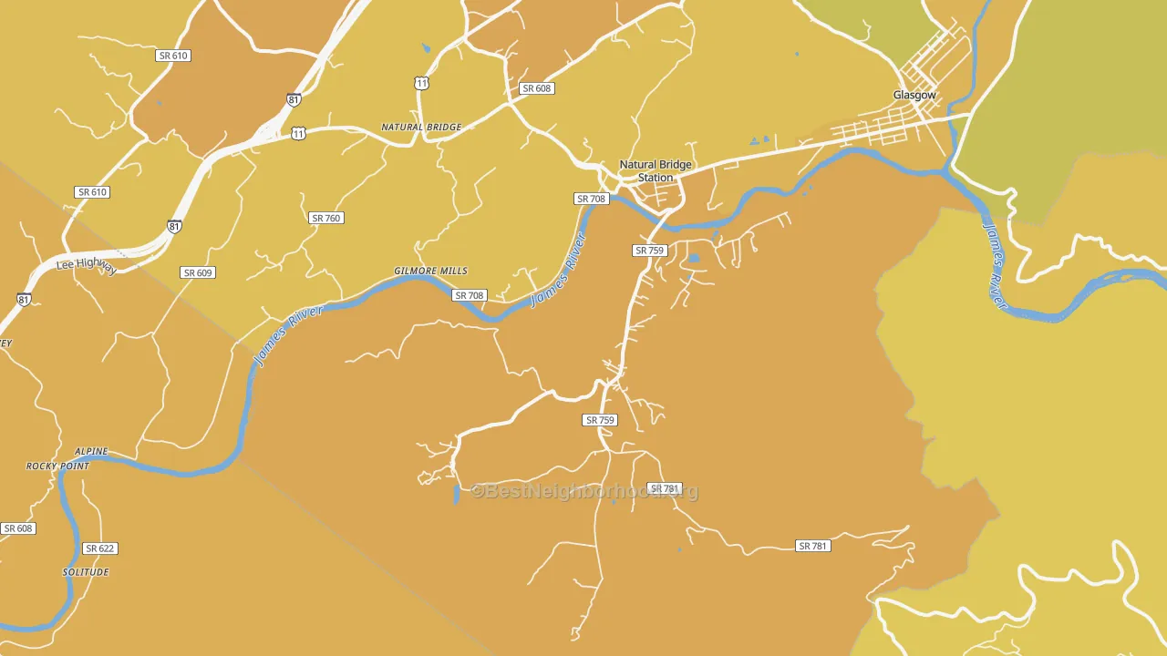 Map of the best neighborhoods in the 24579 area, with better matches in green and worse matches in red