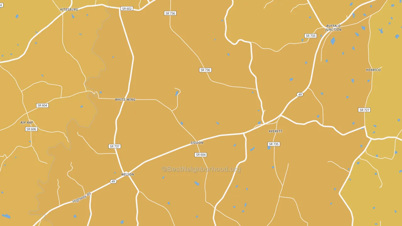 Map of the best neighborhoods in the 24580 area, with better matches in green and worse matches in red