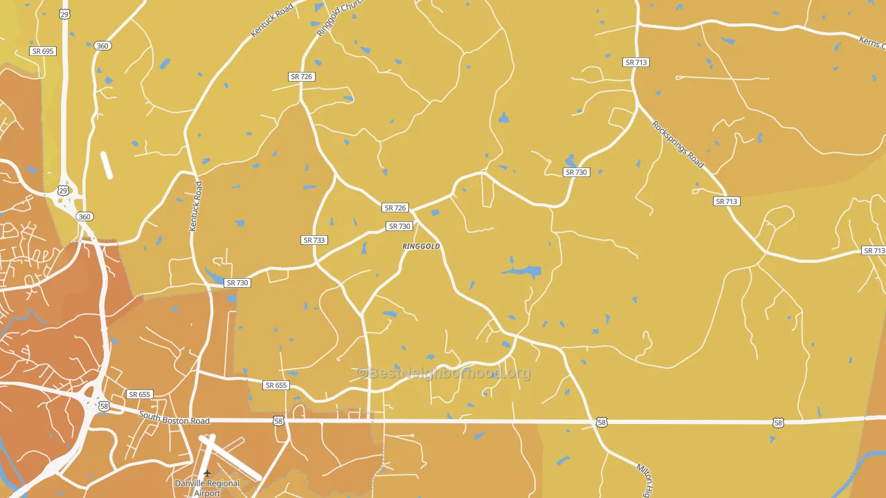 Map of the best neighborhoods in the 24586 area, with better matches in green and worse matches in red