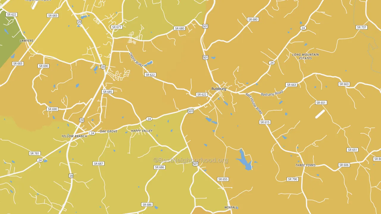 Map of the best neighborhoods in the 24588 area, with better matches in green and worse matches in red