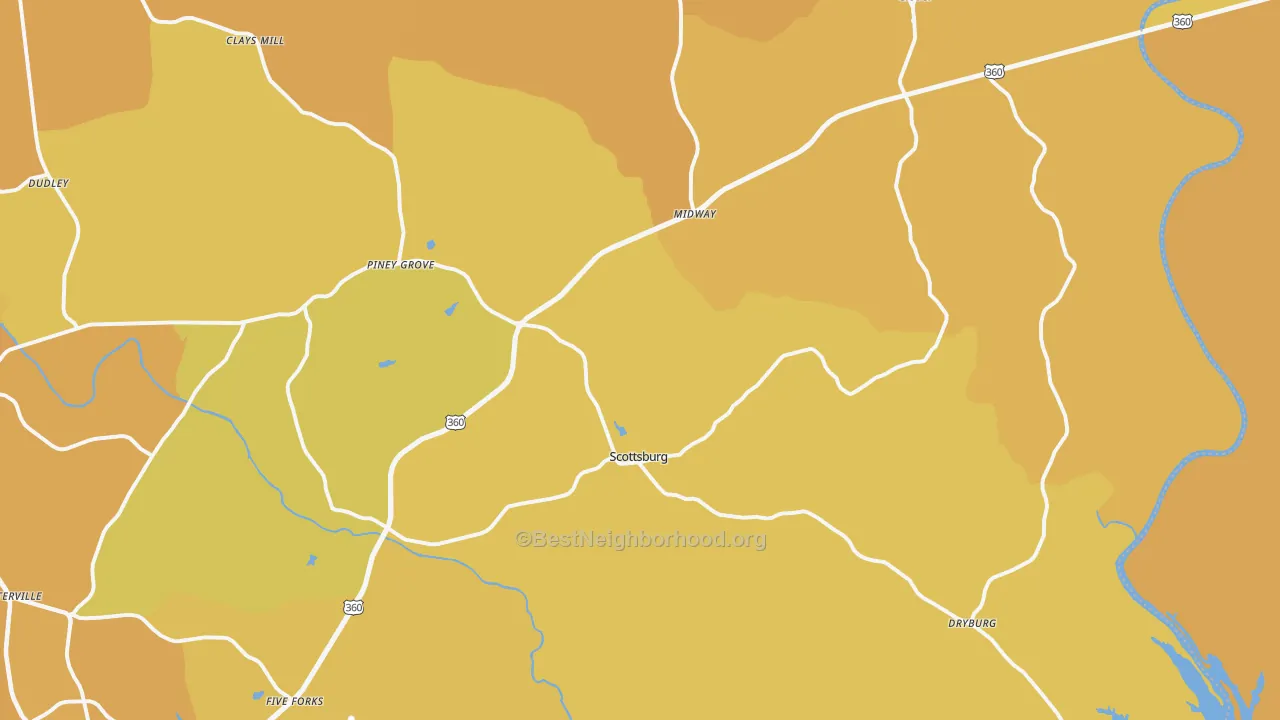 Map of the best neighborhoods in the 24589 area, with better matches in green and worse matches in red