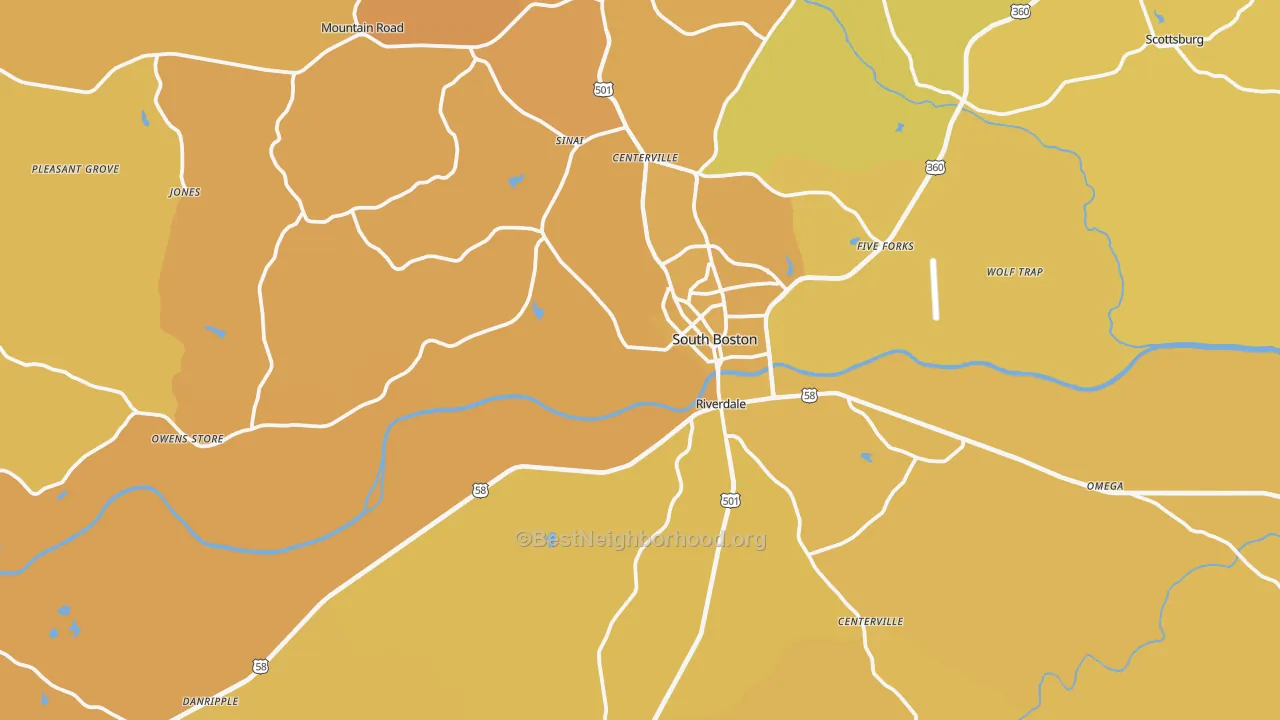 Map of the best neighborhoods in the 24592 area, with better matches in green and worse matches in red