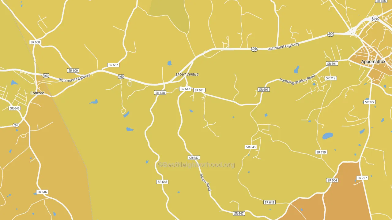 Map of the best neighborhoods in the 24593 area, with better matches in green and worse matches in red