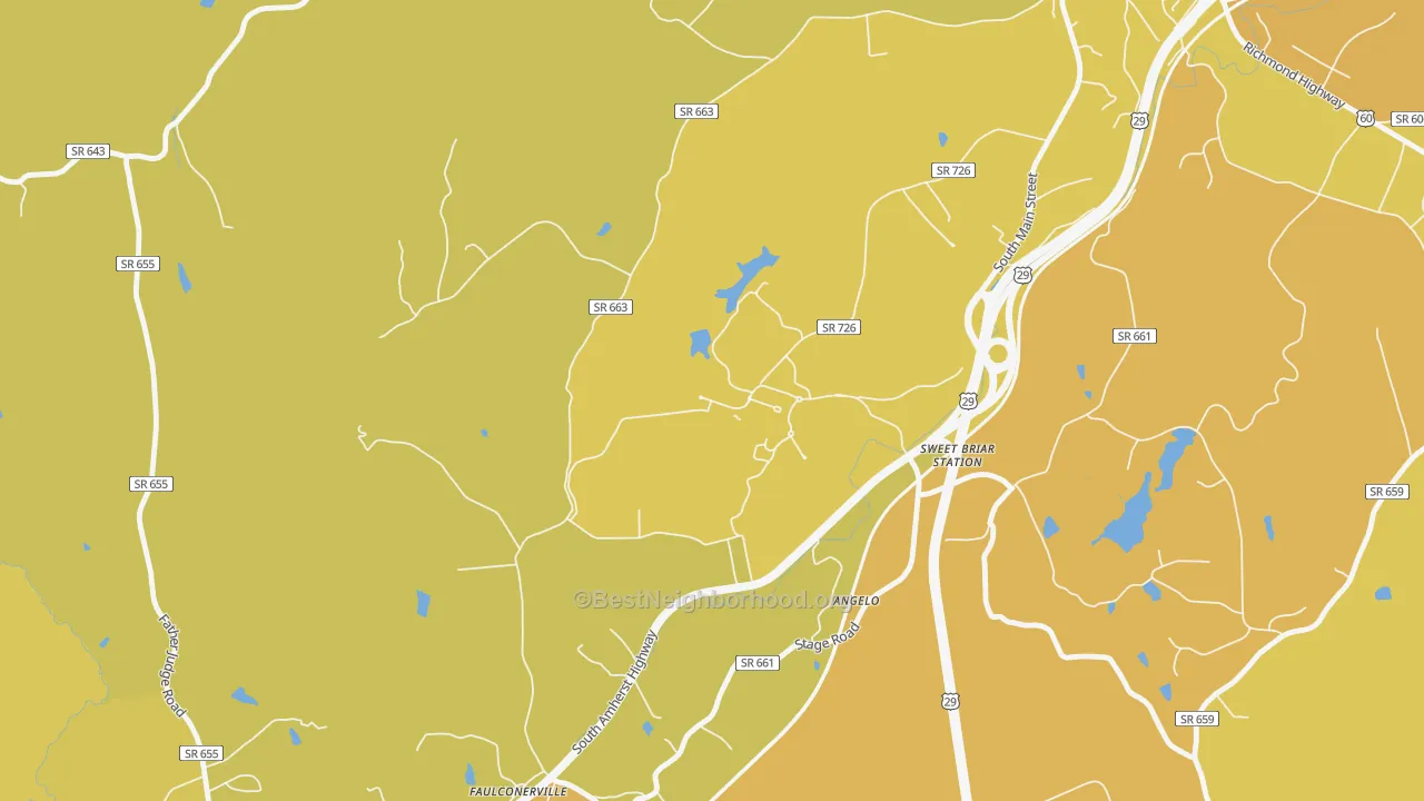 Map of the best neighborhoods in the 24595 area, with better matches in green and worse matches in red