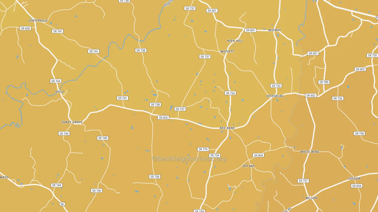 Map of the best neighborhoods in the 24598 area, with better matches in green and worse matches in red