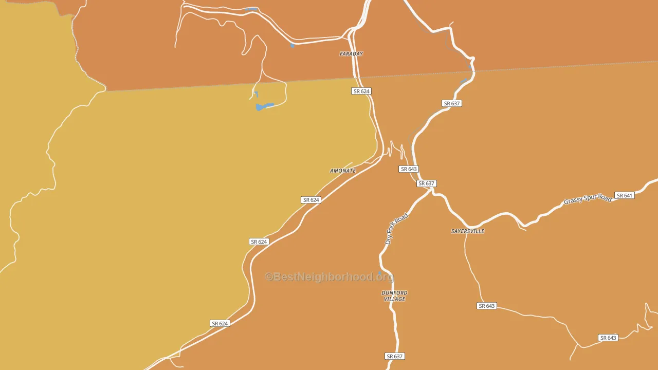 Map of the best neighborhoods in the 24601 area, with better matches in green and worse matches in red