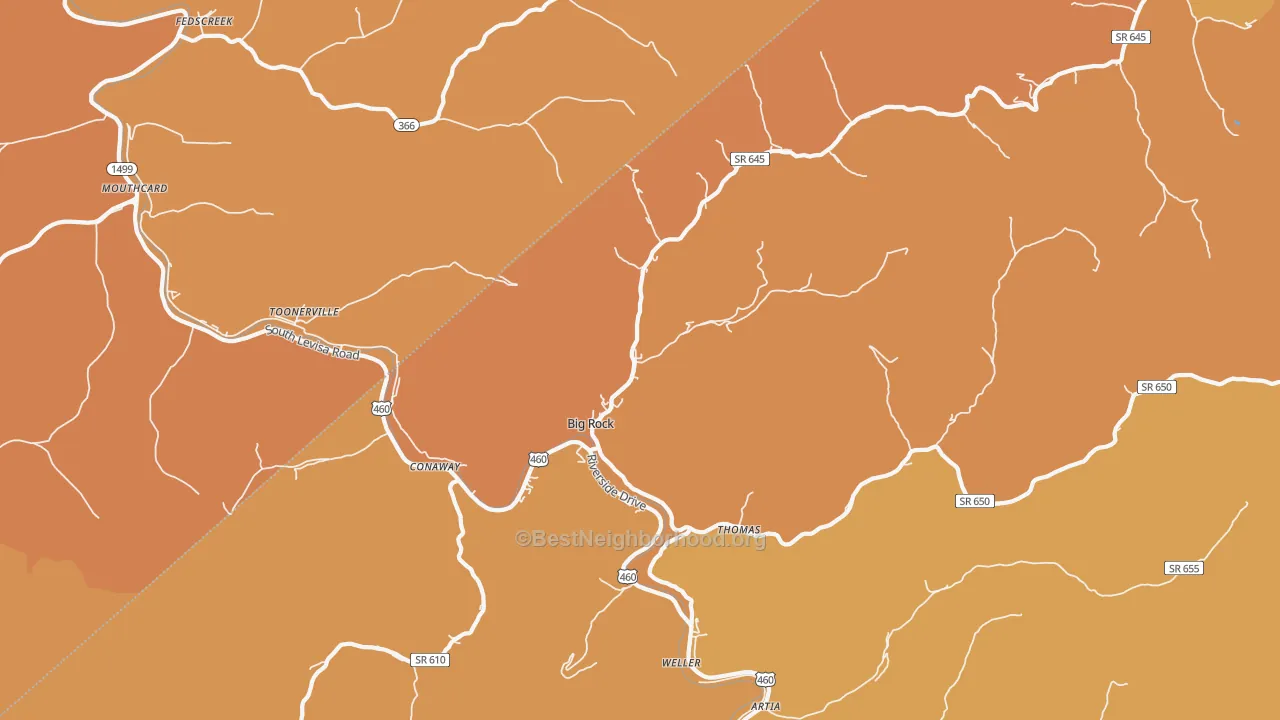 Map of the best neighborhoods in the 24603 area, with better matches in green and worse matches in red