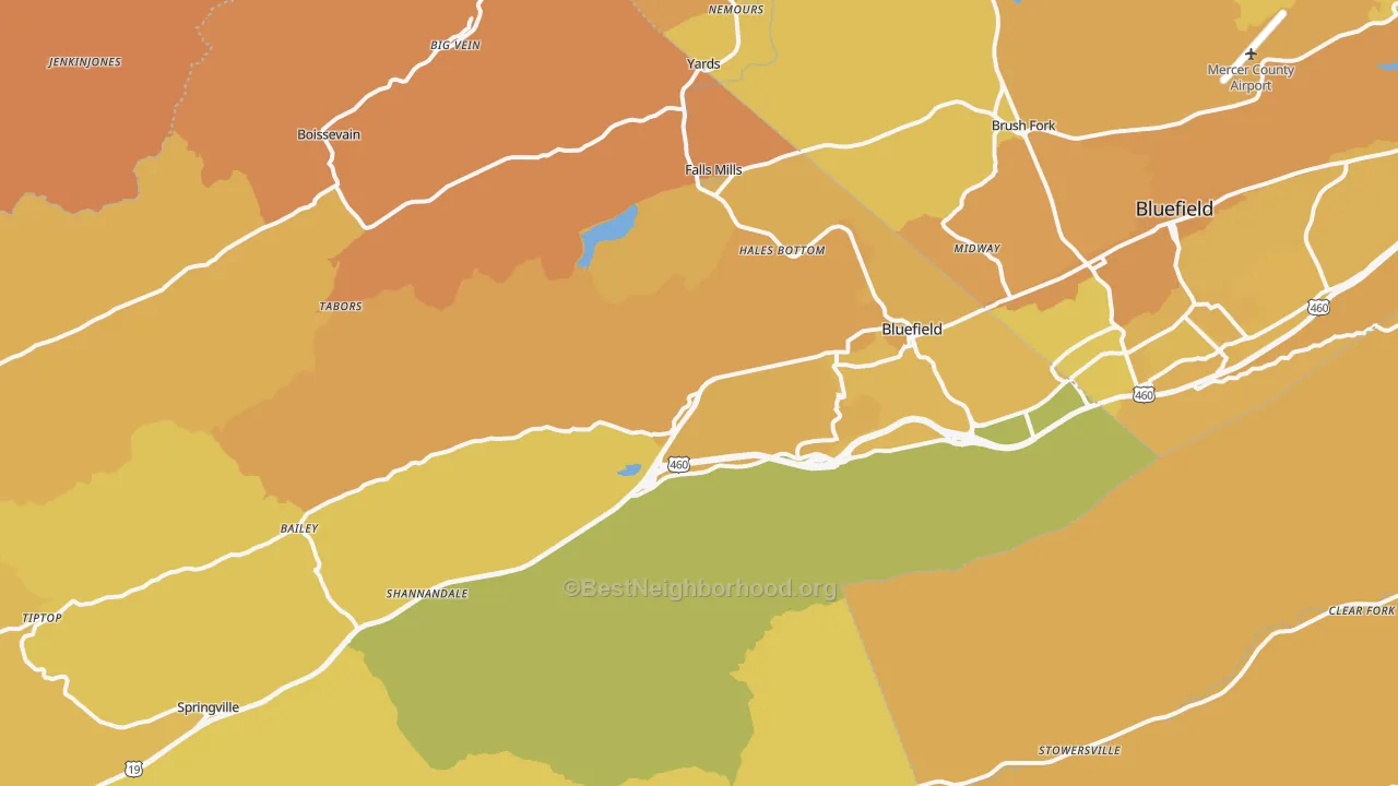 Map of the best neighborhoods in the 24605 area, with better matches in green and worse matches in red