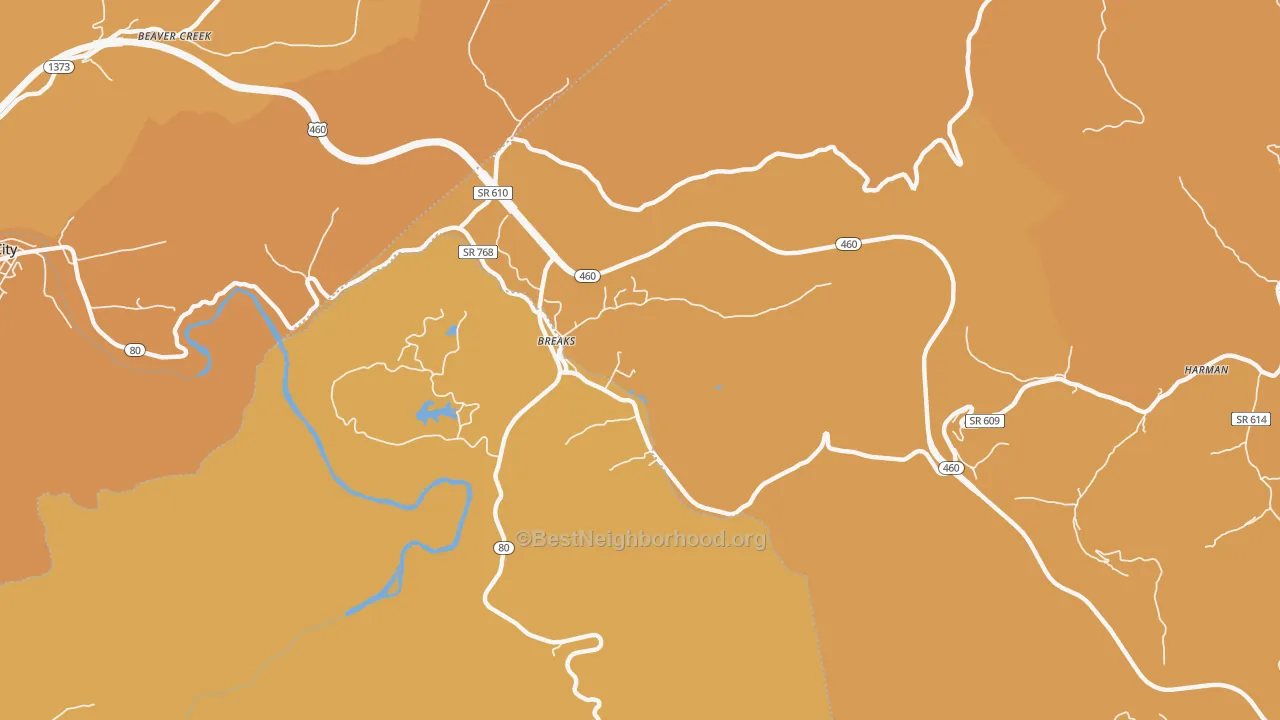 Map of the best neighborhoods in the 24607 area, with better matches in green and worse matches in red