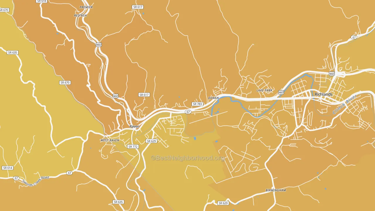Map of the best neighborhoods in the 24612 area, with better matches in green and worse matches in red