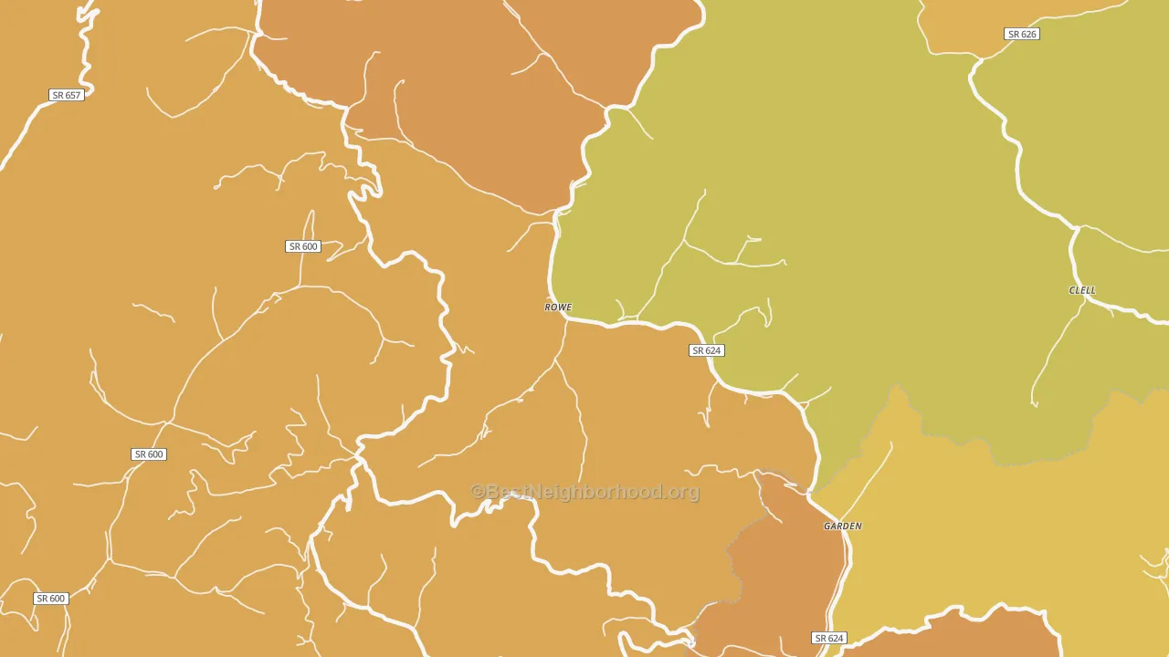 Map of the best neighborhoods in the 24646 area, with better matches in green and worse matches in red