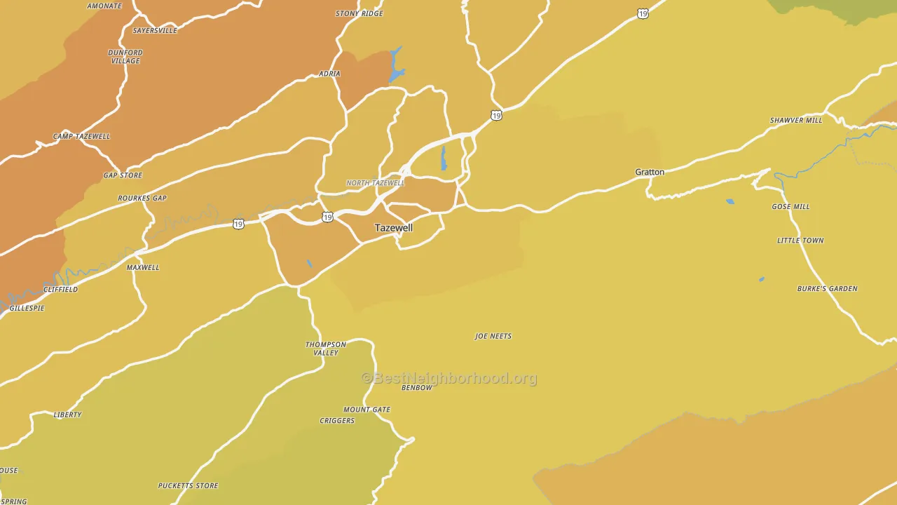 Map of the best neighborhoods in the 24651 area, with better matches in green and worse matches in red