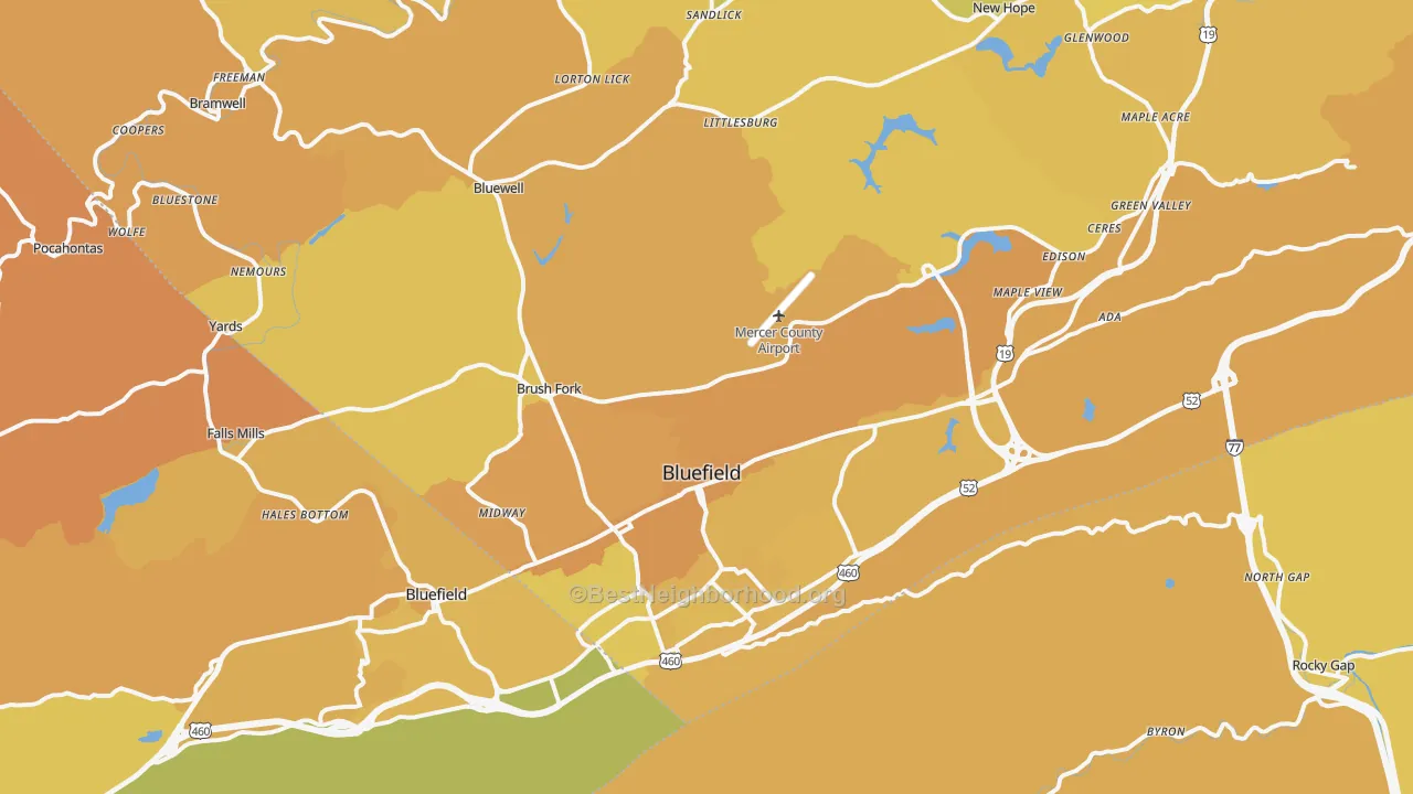Map of the best neighborhoods in the 24701 area, with better matches in green and worse matches in red