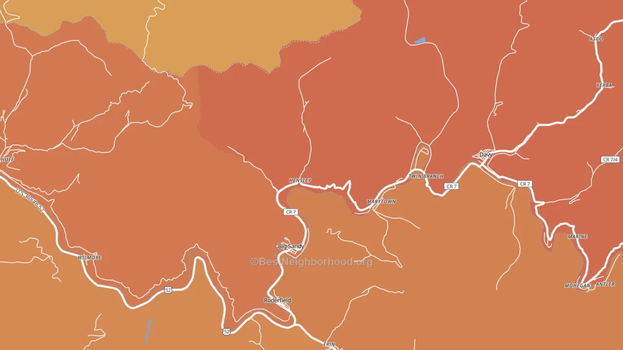 Map of the best neighborhoods in the 24843 area, with better matches in green and worse matches in red