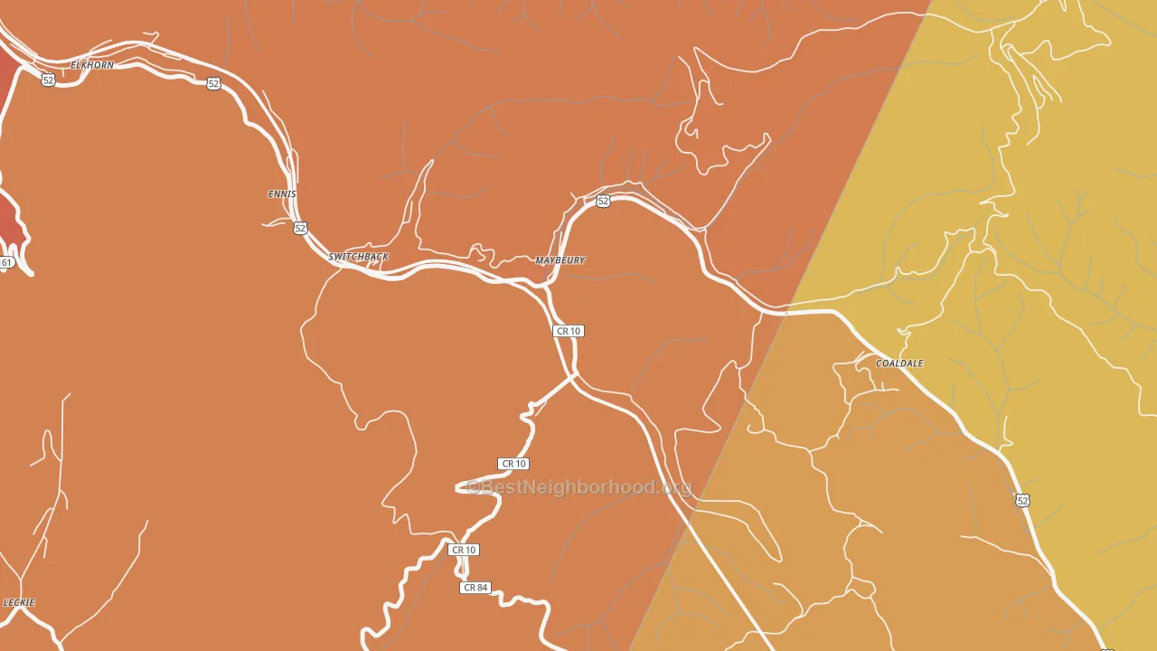 Map of the best neighborhoods in the 24861 area, with better matches in green and worse matches in red
