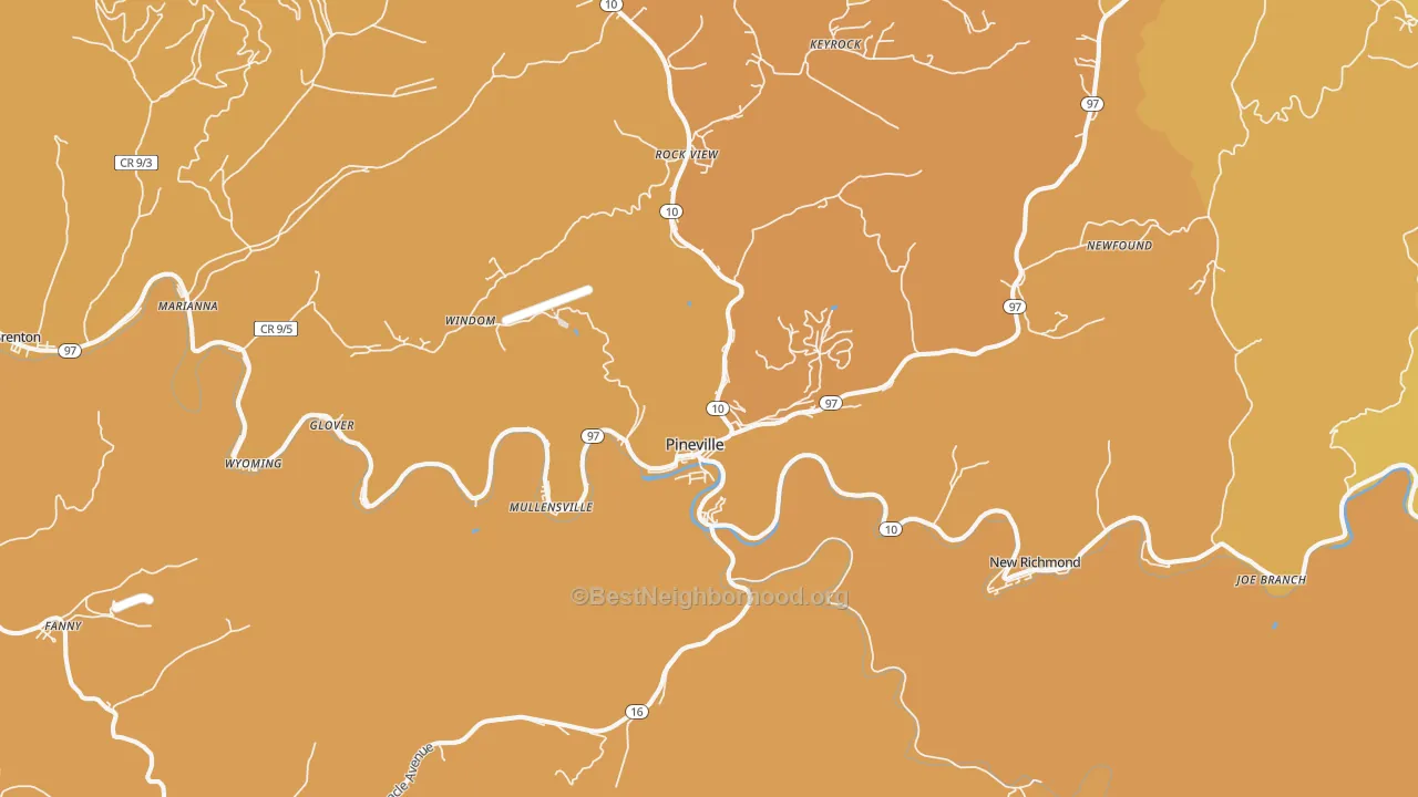 Map of the best neighborhoods in the 24874 area, with better matches in green and worse matches in red