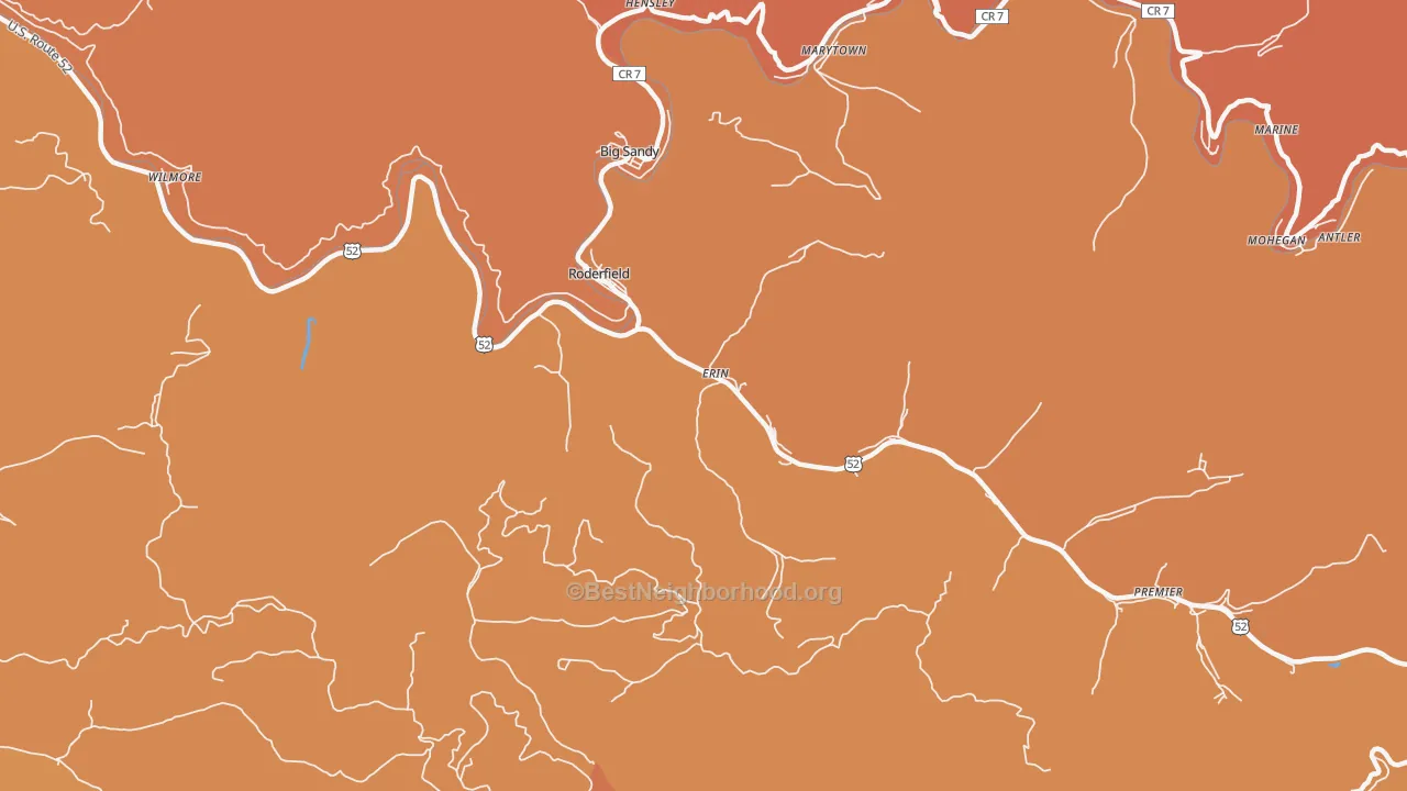 Map of the best neighborhoods in the 24881 area, with better matches in green and worse matches in red