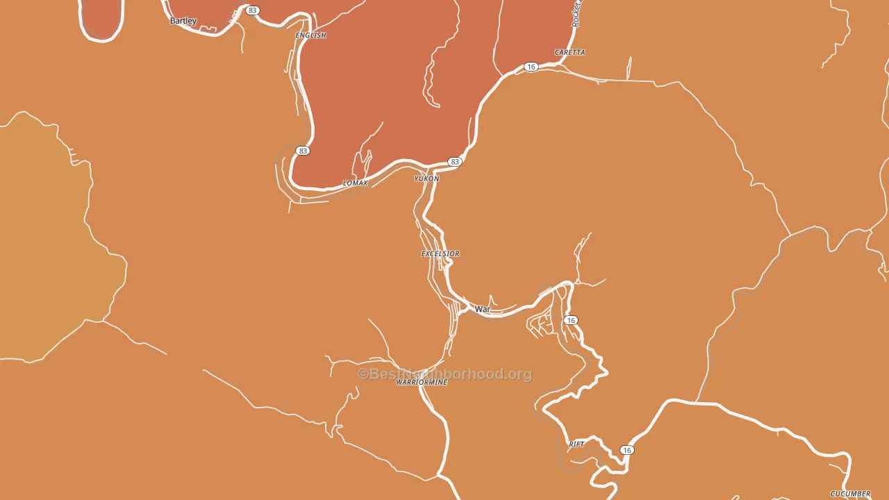 Map of the best neighborhoods in the 24892 area, with better matches in green and worse matches in red