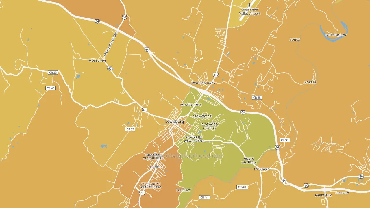 Map of the best neighborhoods in the 24901 area, with better matches in green and worse matches in red