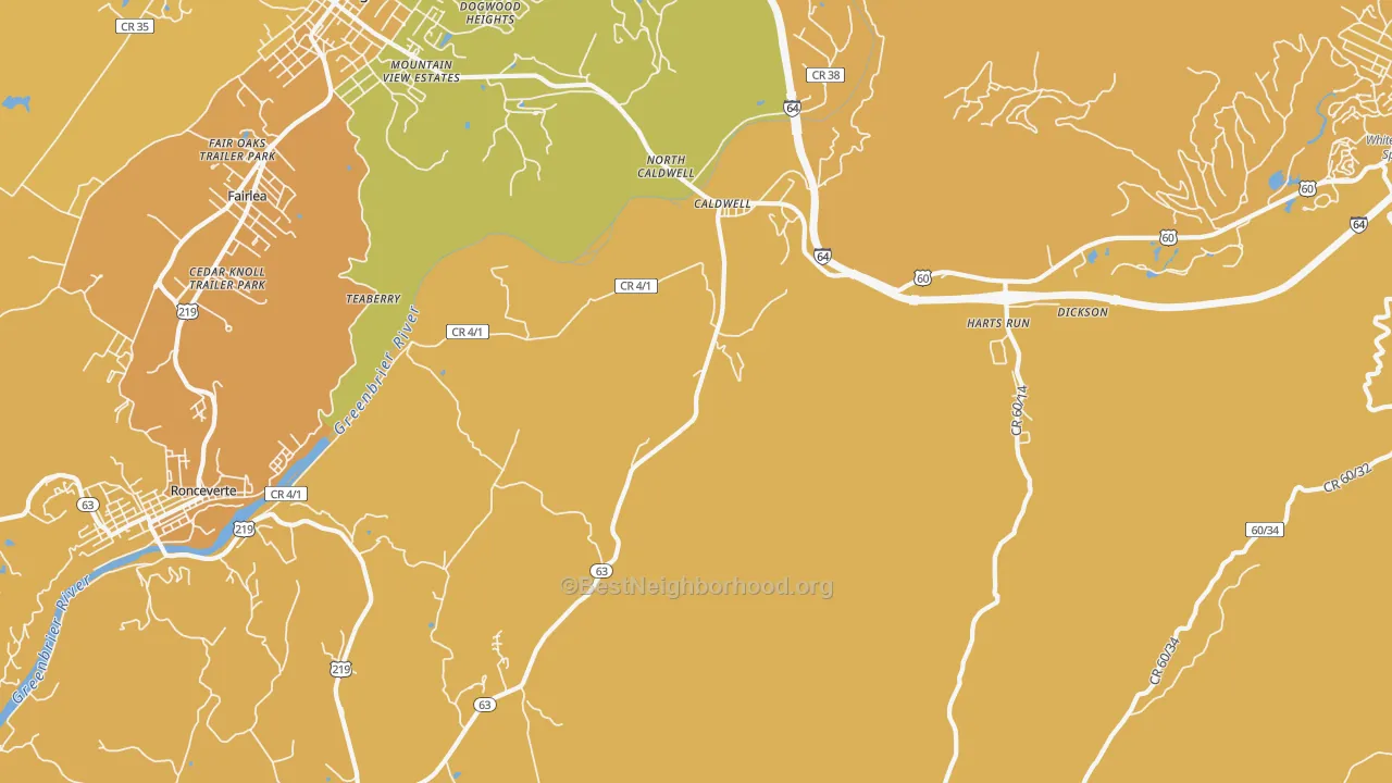 Map of the best neighborhoods in the 24925 area, with better matches in green and worse matches in red