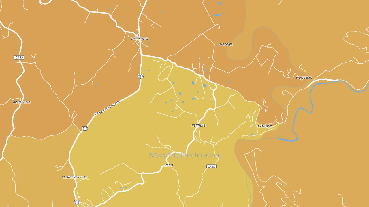 Map of the best neighborhoods in the 24938 area, with better matches in green and worse matches in red