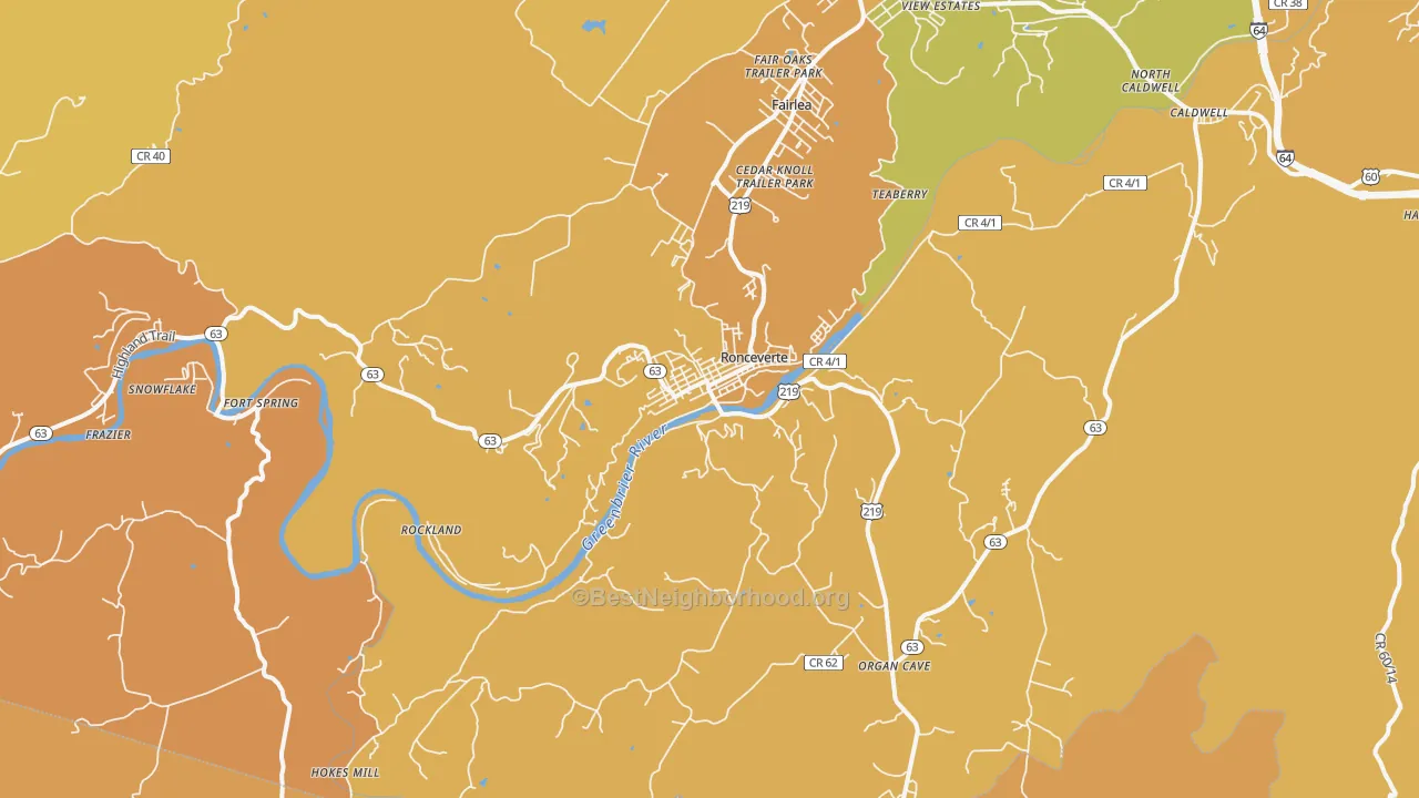 Map of the best neighborhoods in the 24970 area, with better matches in green and worse matches in red