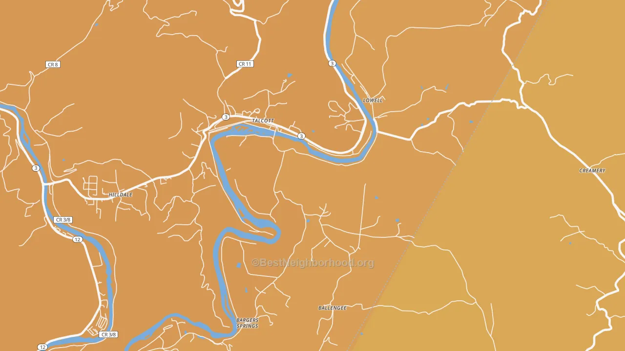 Map of the best neighborhoods in the 24981 area, with better matches in green and worse matches in red