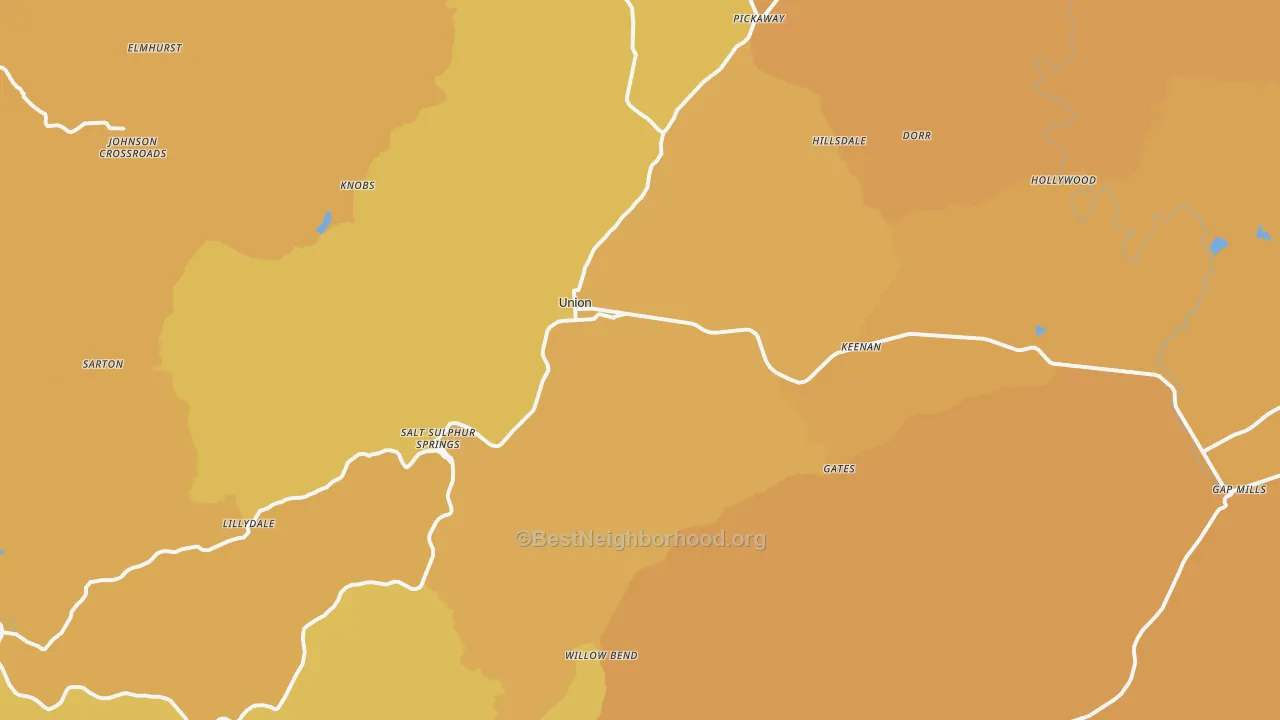 Map of the best neighborhoods in the 24983 area, with better matches in green and worse matches in red