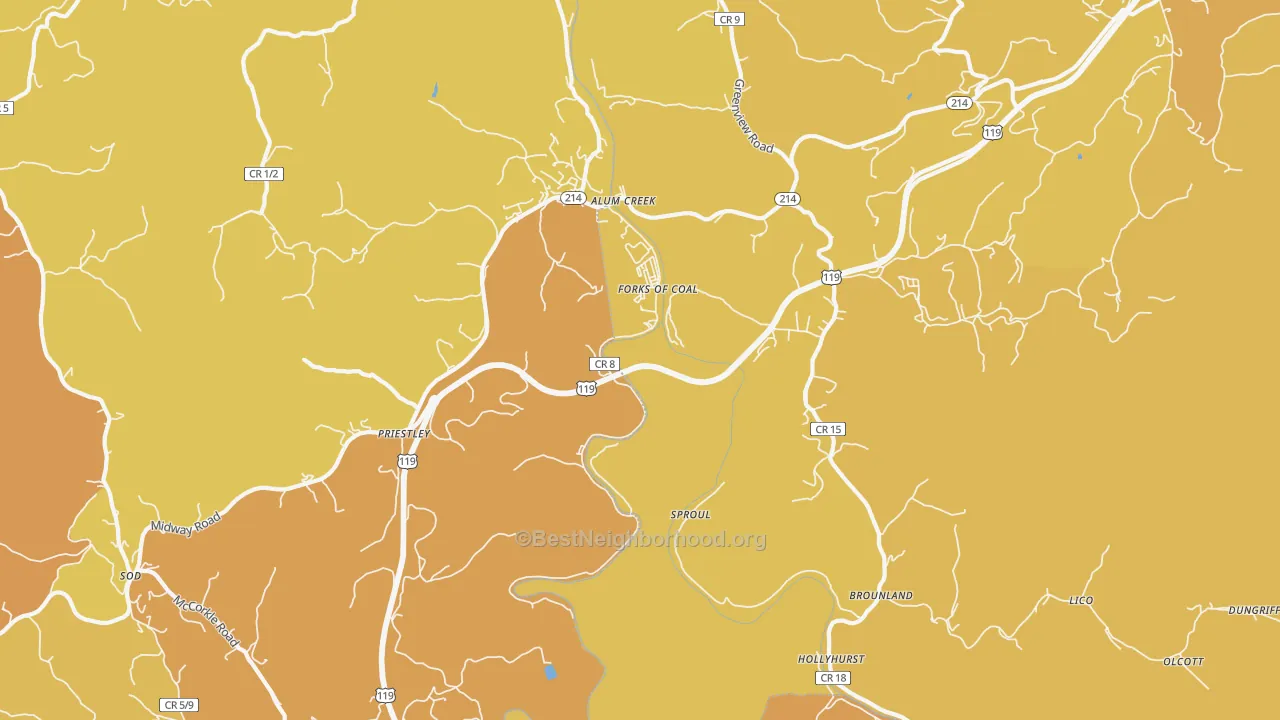Map of the best neighborhoods in the 25003 area, with better matches in green and worse matches in red