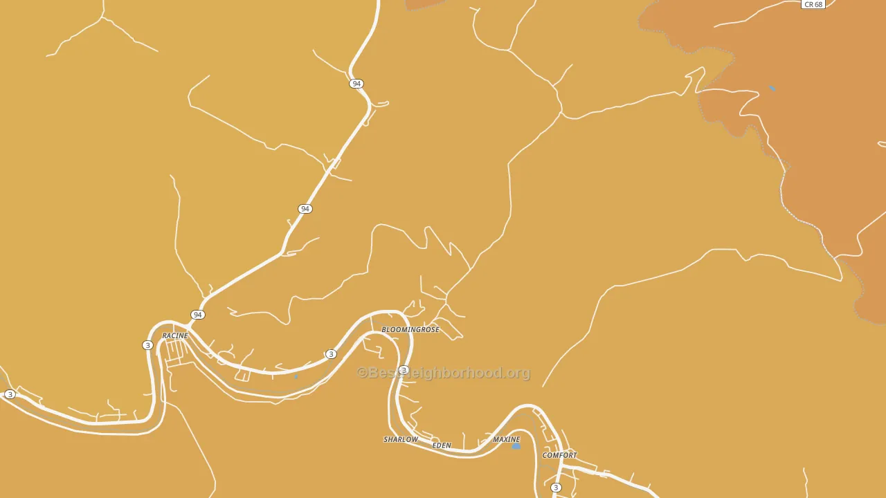 Map of the best neighborhoods in the 25024 area, with better matches in green and worse matches in red
