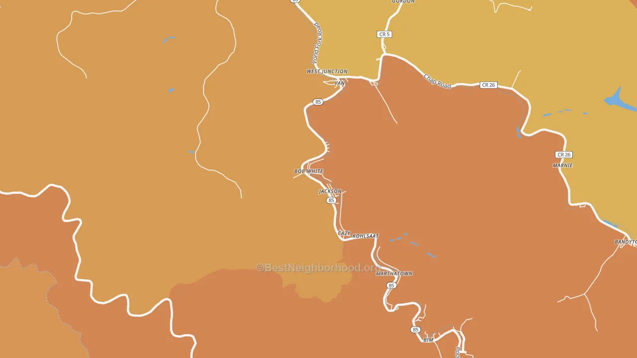 Map of the best neighborhoods in the 25028 area, with better matches in green and worse matches in red