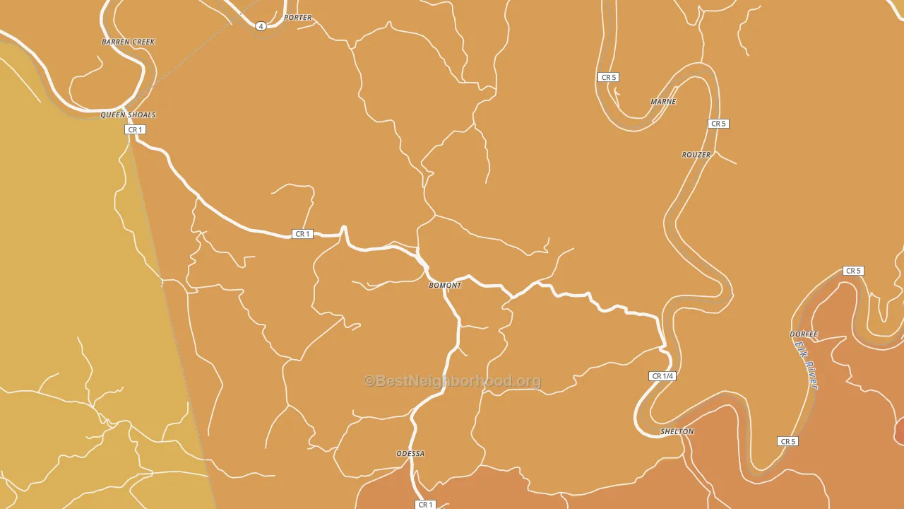 Map of the best neighborhoods in the 25030 area, with better matches in green and worse matches in red